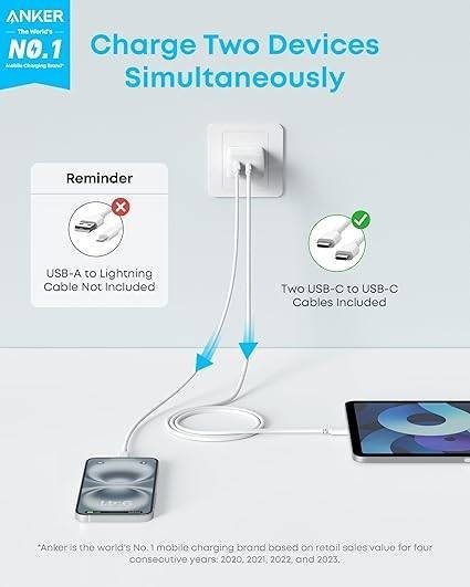 Anker iPhone 16 Charger, 2-Pack 20W Fast USB C Charger Block, for iPhone 16/16 Pro Max/15 Series/iPad Pro and More (White, 2 Pack & 2 Cable) - Image 2