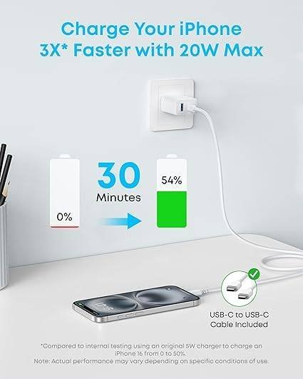 Anker iPhone 16 Charger, 2-Pack 20W Fast USB C Charger Block, for iPhone 16/16 Pro Max/15 Series/iPad Pro and More (White, 2 Pack & 2 Cable) - Image 4